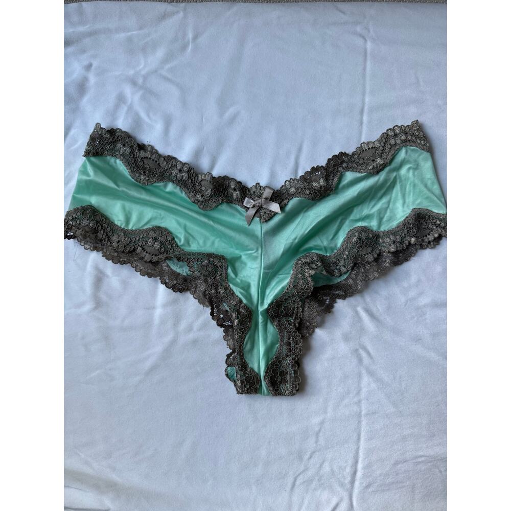 NWOT Victoria’s Secret Vintage 2014 Green Satin Cheeky Panty Lace Trim Size S